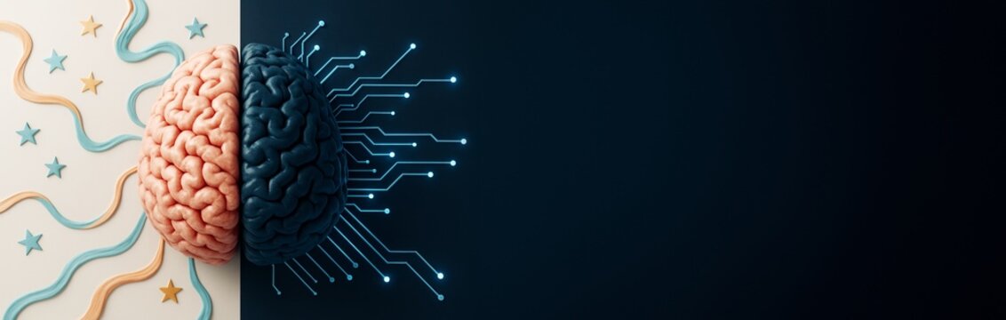 Half human brain and half digital brain merging on light and dark background with abstract tech and creative elements, ideal for tech banner or design.