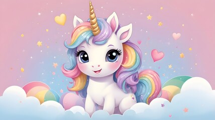Adorable rainbow unicorn with big blue eyes sits on clouds surrounded by stars and hearts