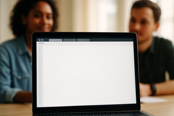 Blank spreadsheet on laptop screen in office meeting setting with two people in soft focus in background and natural light ambience. Ai generative