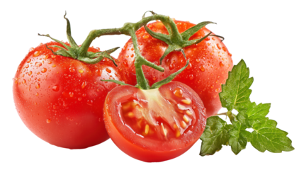 Fresh Red Tomatoes with Water Drops and Green Leaves on White Background for Culinary and Design Use