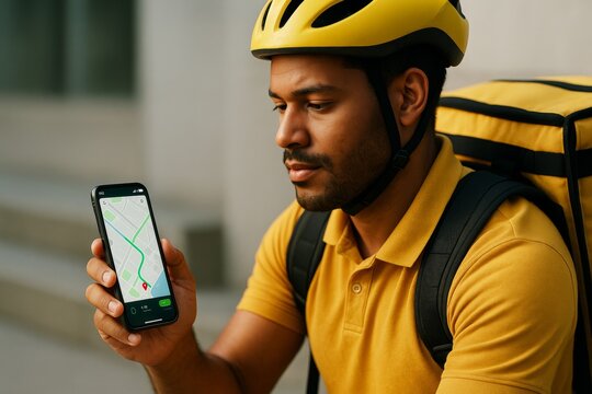 Delivery man in yellow helmet and uniform checking route on smartphone while sitting outdoors against light urban background. Ai generative. Ai generative