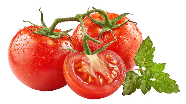 Fresh Red Tomatoes with Water Drops and Green Leaves on White Background for Culinary and Design Use - Powered by Adobe