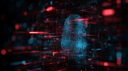 Futuristic fingerprint with red digital streams, cybersecurity concept for personal data access and online security identity protection.