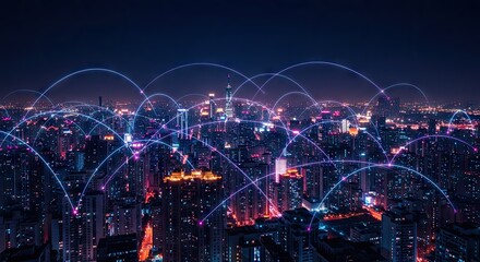 Futuristic smart city skyline at night with glowing data arcs representing a global communication network and technological innovation