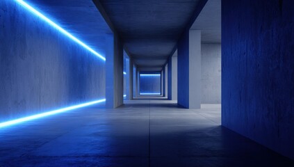 Fototapeta premium Empty concrete corridor with neon blue light
