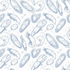 Sea Creatures Seamless Pattern Blue Ink Sketch White Background Detailed Illustration of Shrimp Mussels and Clams Nautical Theme Design for Textile