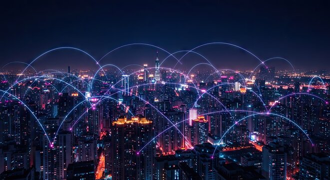 Futuristic smart city skyline at night with glowing data arcs representing a global communication network and technological innovation