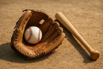 Baseball glove with ball and bat lying on sandy field in warm sunlight, symbolizing traditional sport equipment and outdoor game concept. Ai generative