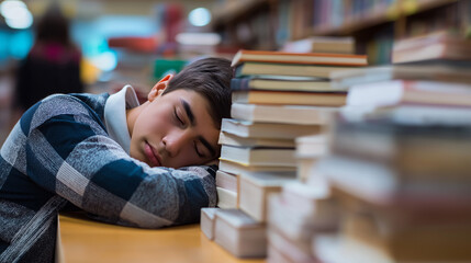 Tired student boy sleeping on books at a desk in a library aisle.
