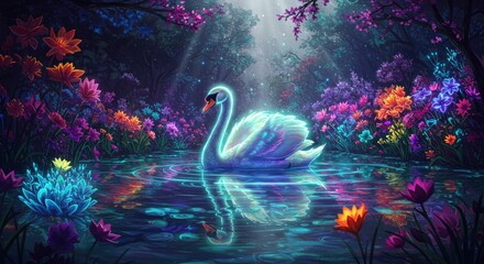 Serene White Swan in a Magical Pixel Art Garden with Vibrant Flowers and Glowing Water Reflection at Night