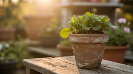 Beautiful potted plant basking in the golden sunlight on wooden table, perfect for adding warmth and natural beauty to your designs, evoking peace and serenity