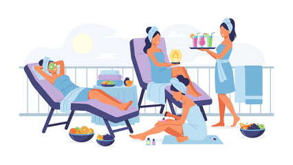 Women relaxing and enjoying spa treatments and refreshing drinks on a sunny balcony with ocean views and lounge chairs