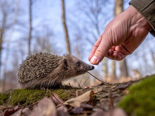 Obraz premium AI generated hedgehog wildlife feeding scene in forest