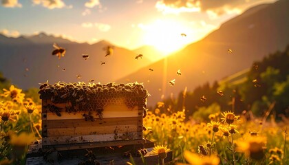 Beehive surrounded by active swarm in yellow flower field at sunset, with rolling hills and golden light in scenic background.