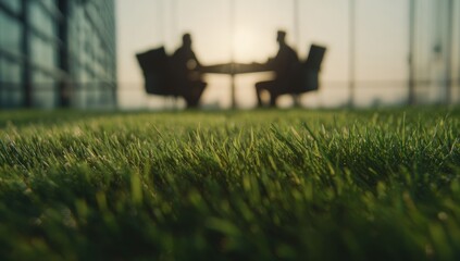 Business meeting outdoors, blurred figures at a table on a grassy rooftop