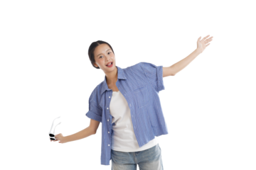 Joyful Expression: A woman with open arms, eyes sparkling with delight, wearing a casual button-up shirt, her carefree joy radiates as she embraces the moment.