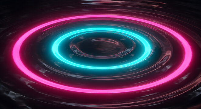 A mesmerizing display of glowing pink and cyan neon rings creating concentric ripples on a dark, fluid background