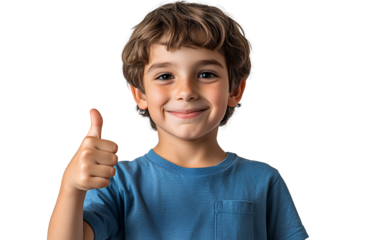 a boy giving a thumbs up, wearing a blue t-shirt, against isolated on a transparent background.
