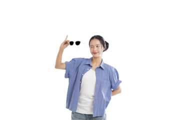 Summer Wink: Captivating image captures a woman's delightful pose, holding sunglasses, winking to the camera, radiating pure joy of summer.