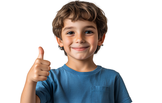 a boy giving a thumbs up, wearing a blue t-shirt, against isolated on a transparent background.