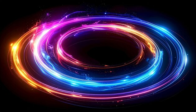Swirling neon rings with glowing edges circular energy futuristic digital abstract background