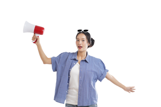 Amplified Announcement: A young woman with an open expression, uses a megaphone to deliver an important message, symbolizing communication and leadership.