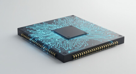 High-tech computer chip with luminous blue electrical pathways illustrating the concept of advanced digital processing and network connections