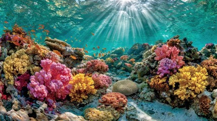 Vibrant coral reef teeming with colorful fish. Sunlight streams through clear water