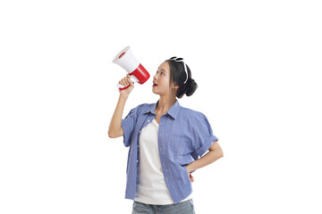 Woman with Megaphone: A vibrant young woman stands, her silhouette captured in a dynamic pose, holding a megaphone to amplify a message, representing communication, announcement, or a call to action.