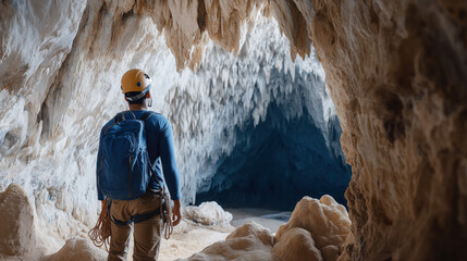 Cave exploration: Adventurers navigate dark caverns using headlamps and ropes, beams cutting through shadows, damp walls glistening, gear-clad figures carefully descending into depths..