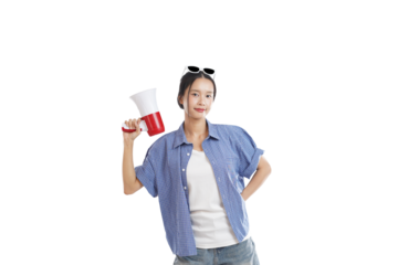 Young Woman Holding a Megaphone: A confident young woman holding a megaphone, radiating empowerment, wearing a blue shirt and sunglasses. Ideal for marketing, advertising, and communication.