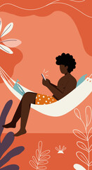 A person relaxes in a hammock, enjoying a tropical vacation while staying connected with their smartphone. Perfect for travel, leisure, or modern lifestyle themes.