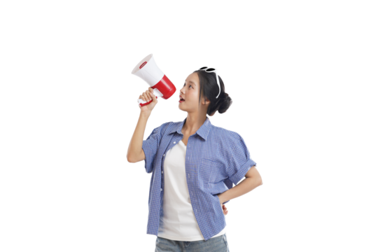 Woman with Megaphone: A vibrant young woman stands, her silhouette captured in a dynamic pose, holding a megaphone to amplify a message, representing communication, announcement, or a call to action.