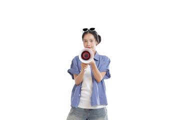 Woman with Megaphone Announcement: A youthful woman, radiating confidence, announces an event or conveys a message through a vintage megaphone, showcasing communication.