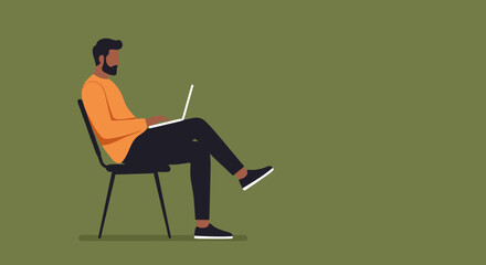 Bearded man working intently on a laptop, symbolizing remote work, digital productivity, online learning, or a modern connected lifestyle.