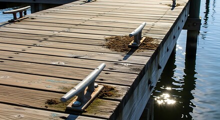 Naklejka premium Wooden Dock Pier with Cleats over Calm Water at Sunny Day