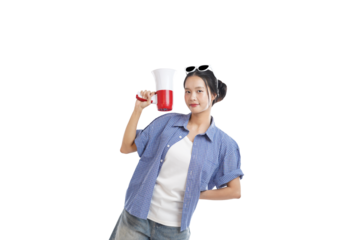 Woman Holding Megaphone: A young woman confidently holds a red and white megaphone, embodying the essence of communication and announcements. Her poised stance and engaging gaze radiate assurance.