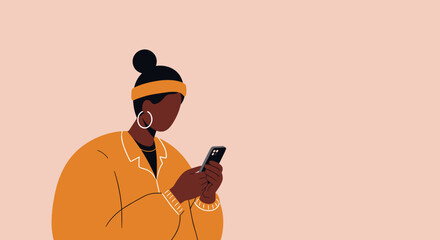 Stylish Black woman using a smartphone, connecting and browsing online. Modern lifestyle, communication, social media, and technology concept with ample copy space.