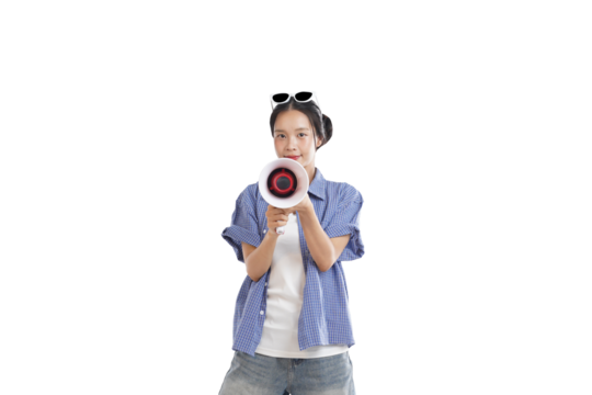 Woman with Megaphone Announcement: A youthful woman, radiating confidence, announces an event or conveys a message through a vintage megaphone, showcasing communication.