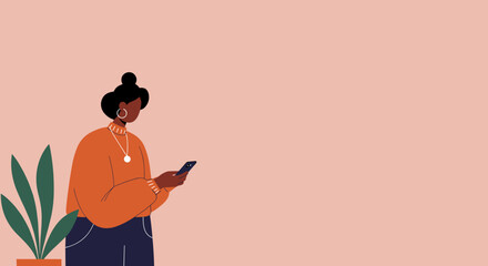 Stylish Black woman using a smartphone, symbolizing modern communication, digital lifestyle, and connectivity in a minimalist setting. Ideal for technology, business, or everyday life concepts.