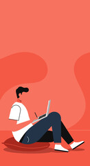 Man working on laptop with stylus, sitting comfortably on cushion in a relaxed, modern setting. Ideal for remote work, education, or creative concepts.