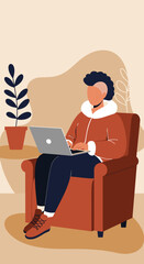 Person working remotely on a laptop in a cozy armchair at home, surrounded by plants. Represents comfortable remote work, online learning, or digital lifestyle.