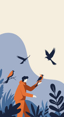 Person in a natural setting interacting harmoniously with birds, symbolizing freedom, nature connection, and conservation. Ideal for environmental, lifestyle, or educational themes.