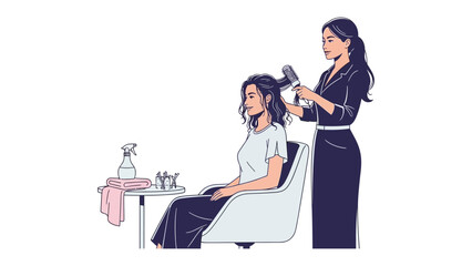 Professional hairstylist using a hairdryer to style a client s dark hair in a salon chair with a clean white background