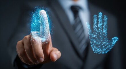 Businessman's finger touching a digital fingerprint and hand graphic