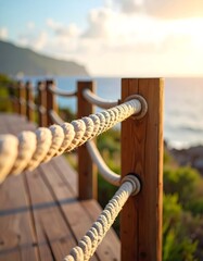 Wooden railing by the sea at sunset