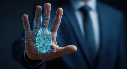 Businessman's hand displaying a digital fingerprint overlay