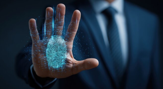 Businessman's hand displaying a digital fingerprint overlay