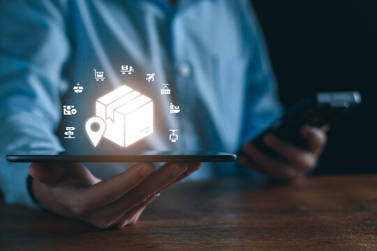 Businessman manage supply chain icon for Logistic, organizing and controlling resources to meet the needs of customers, Logistic and transport concept, Shipping port background.