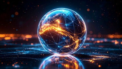 Digital globe with glowing blue nodes and lines over Atlantic, symbolizing global data connectivity on dark tech background.